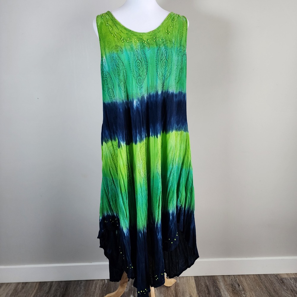 Tie Dye Handkerchief Hem Dress Womens One Size Vacation Beaded Boho 70s Hippie